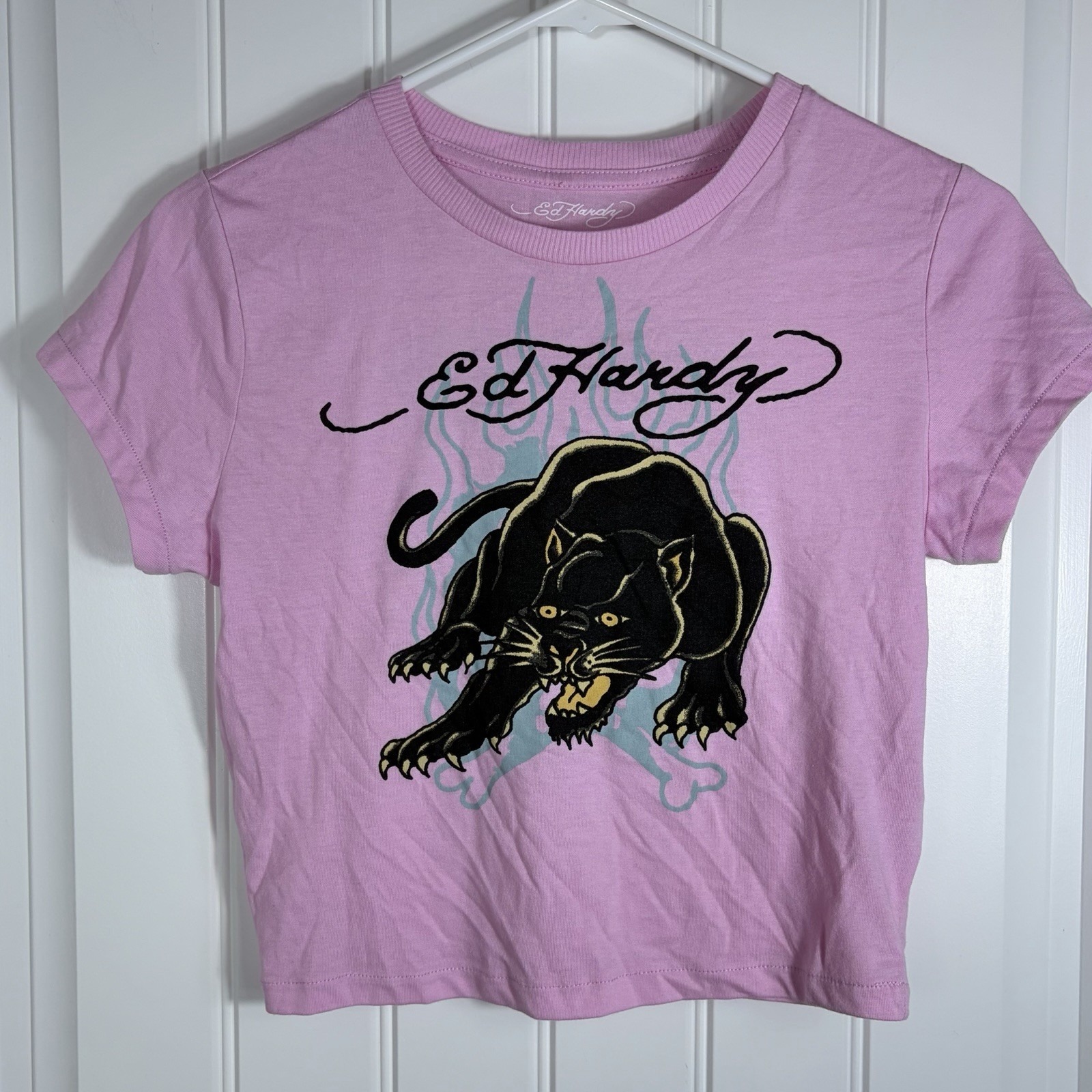 Ed Hardy Pink Black Panther Graphic Baby Tee Y2k Tattoo Style Size M